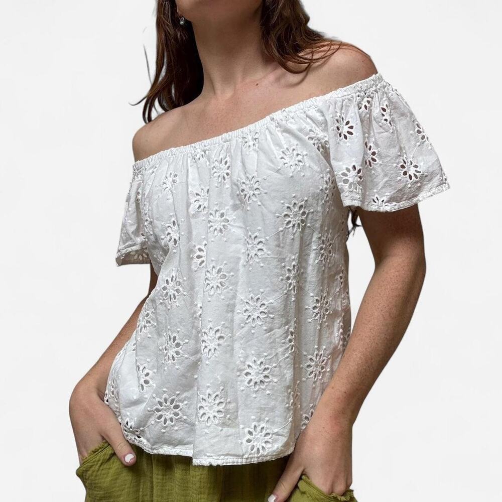White eyelet cotton off shoulder top